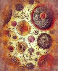 Drawings of microbes in antique book, digital illustration in vintage style.