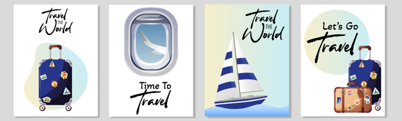 Boat, travel bag,plane window, suitcase with blue accent. Handwritten lettering. Travel, tourism, adventure, journey concept. Vector illustration.