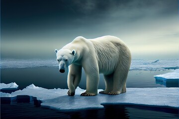 Naklejka na ściany i meble Melancholic Polar Bear on the Ice, Climate Change, Climate Issue, global warming