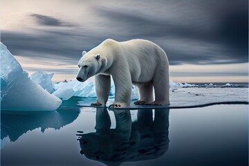 Naklejka premium Melancholic Polar Bear on the Ice, Climate Change, Climate Issue, global warming