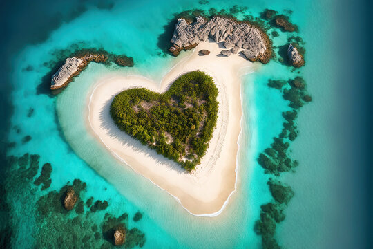 Tropical heart shape desert island with white sand beach and turquoise water. Generative AI.