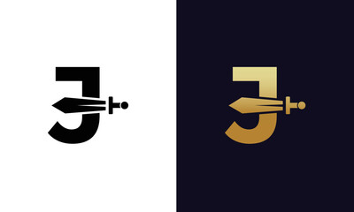 Sword Letter J Logo Design. Vector Icon Graphic Emblem Illustration on white background