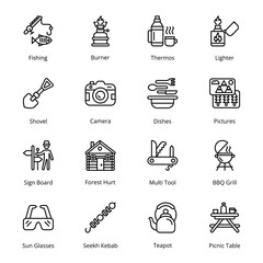 Fishing, Burner, Thermos, Lighter, Sign Board, Forest Hut, Multi Tool, BBQ Grill, Teapot, Picnic Table, Shovel, Camera, Dishes, Pictures, Sun Glasses, Seekh Kebab, Outline Icons - Stroked, Vectors - obrazy, fototapety, plakaty