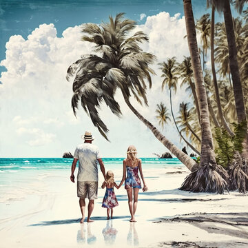 On vacation on a tropical island by the sea with coconut trees. Family with child in front of the turquoise lagoon as a digital illustration (generative AI)