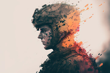 Fantasy portrait of a soldier in the war of liberation in double exposure style. Generative AI.