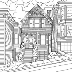 Illustration of house on a steep street. Black and white antistress colouring book
