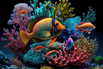 Fototapeta na wymiar illustration, fish and corals, AI generated image