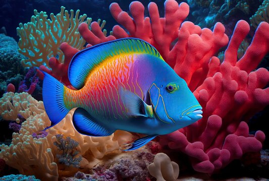 illustration, fish and corals, AI generated image