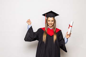Happy student graduation hat and diploma on white background