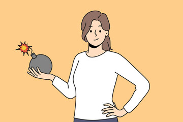 Smiling young woman holding bomb in hands. Happy girl with explosive weapon. Danger and explosive. Vector illustration. 