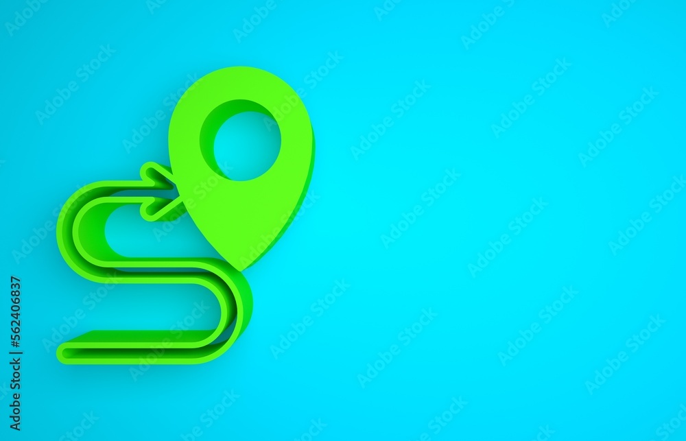 Poster green route location icon isolated on blue background. map pointer sign. concept of path or road. gp