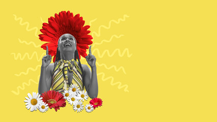 Creative colorful design. Modern art collage. Happy, smiling young woman with flowers over head and body on yellow background