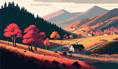 Vector illustration of a rural autumn landscape or farm with houses, mountains, trees and grass. Freehand drawing of a sunny summer day in the village. - obrazy, fototapety, plakaty