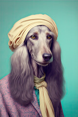 Afghan hound dog wearing clothes and glasses made with Generative AI.