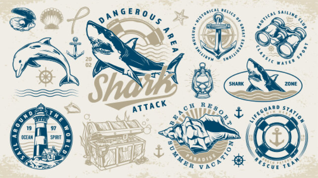 Underwater world logotypes set colorful