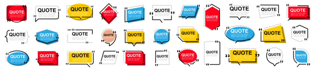 Quote box frame collection. Quotes frames. Quote remark. Set of various colorful isolated quote frames. Speech bubbles with quotation marks. Vector illustration - obrazy, fototapety, plakaty