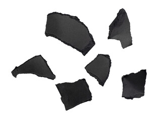 Abstract pieces of black torn paper, cardboard isolated on transparent background, PNG