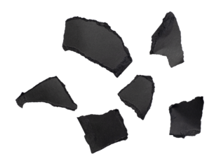 Abstract pieces of black torn paper, cardboard isolated on transparent background, PNG