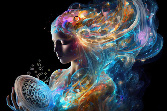 A luminous portrayal of sound healing therapy, the image features a figure enshrouded in dynamic, colorful waves of energy, representing the soothing power of therapeutic sound.  generative ai   