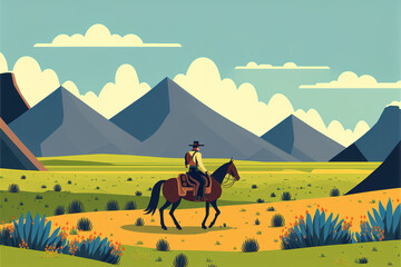 a lonely cowboy on his long ride in the desert, cartoon style with mountains, generative ai technology