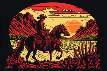 a lonely cowboy on his horse in a painting mix of red and black, sunset scene, generative ai technology