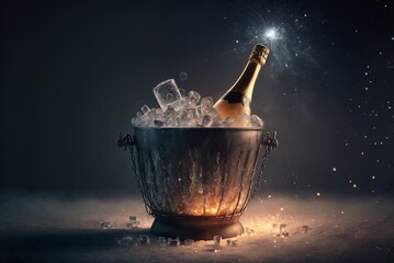 Champagne bottle in a bucket with ice on the dark background, ai generated - obrazy, fototapety, plakaty
