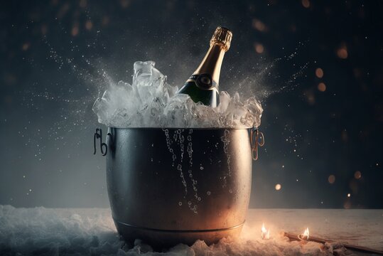 Champagne bottle in ice bucket, ai generation