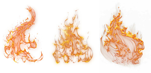 Fire PNG. Realistic Fire Flames with smoke and sparkles transparent on without background. Burning red wildfire flames set, burn bonfire silhouette and blazing fiery spurts of flame © Jasinski
