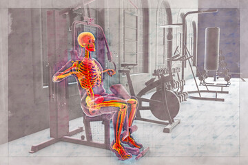 Man with highlighted skeleton training on hammer strength macine, anatomical 3D illustration