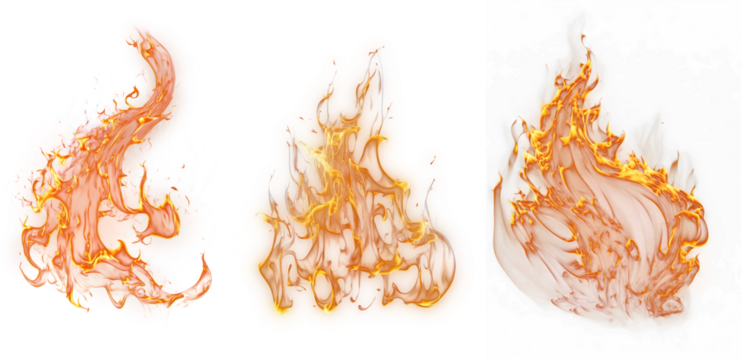 Fire PNG. Realistic Fire Flames with smoke and sparkles transparent on without background. Burning red wildfire flames set, burn bonfire silhouette and blazing fiery spurts of flame