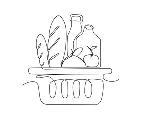 Continuous line art drawing of Grocery food basket, fruits and bread in the grocery basket. Grocery food basket single line art drawing vector illustration.