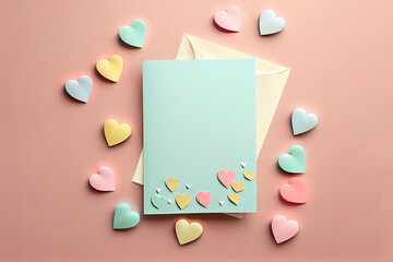 Obraz premium Saint Valentine day holiday Mockup with envelope, paper card and various hearts for love romantic message