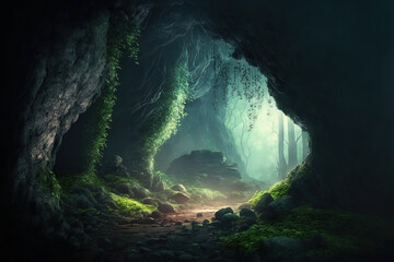 Mossy stone walls. Elf forest. Fantasy forest cave.