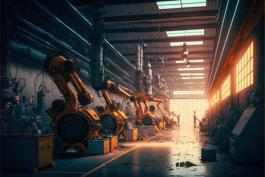 Inside Of Factory Floor With Robots Assembly Line. Industrial Automation And Product Assembly By Using Robot Arms. Robots Working Alongside Humans. Generative Ai