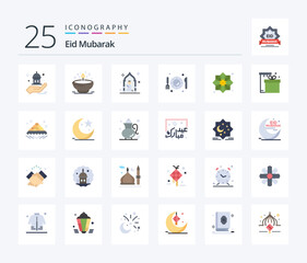 Eid Mubarak 25 Flat Color icon pack including knife. plate. light. dish. man