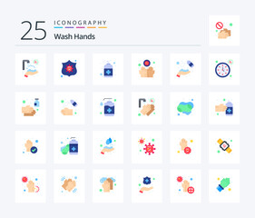 Wash Hands 25 Flat Color icon pack including alcohol. hands. spray. disease. soap