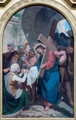 Tuinposter VARALLO, ITALY - JULY 17, 2022: The painting Veronica wipes the face of Jesus in the church Collegiata di San Gaudenzio by Enrico Reffo from end of 19. cent. © Renáta Sedmáková