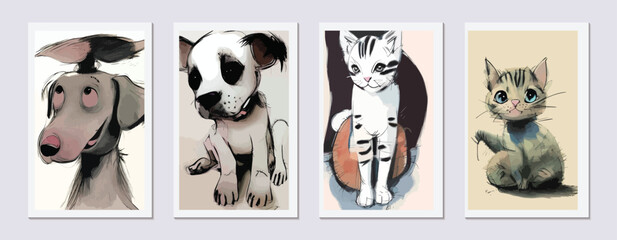 A Collection of Cute and Funny Animal Illustrations cat and Dog Wall Art Decoration