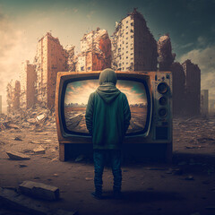man watches TV in the middle of an old ruined city. the power of propaganda - obrazy, fototapety, plakaty