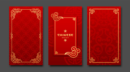Chinese frame style three borders vertical banners collections on gold and red background, Eps 10 vector illustration