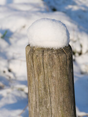 Mit Schneehauben bedeckte runde Holzpfähle eines Holzzauns an einer Viehweide