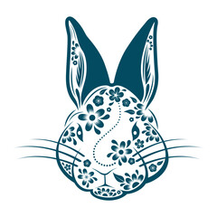 Abstract rabbit face with floral ornament and Chinese motifs. Chinese New Year. Year of the rabbit