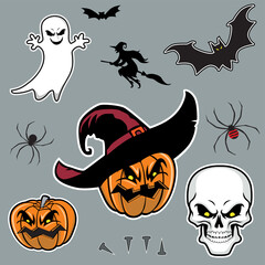 Happy halloween poster with ghost, bats, and moon, vector illustration