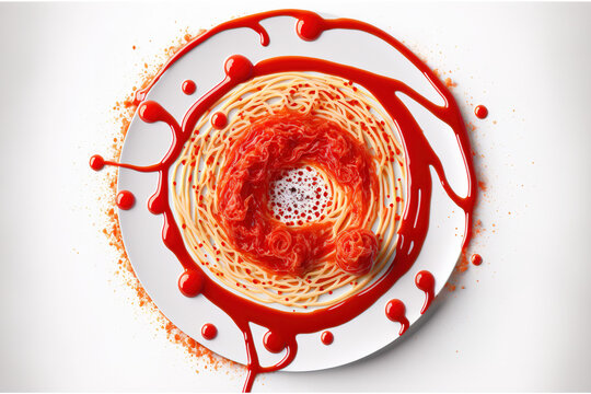 On A White Background, Spaghetti Rings Covered In Tomato Sauce Are Splattered. Generative AI