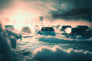 Fototapeta Driving on a flood theme with cars on a road full of water, generative AI obraz