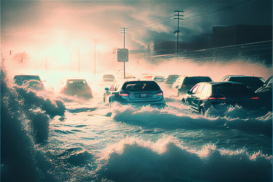 Driving on a flood theme with cars on a road full of water, generative AI
