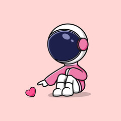 Cute Astronaut Sitting Heart Touching Love Chibi Cartoon Vector Icon Illustration. Isolated Premium Vector. Flat Cartoon Style or Shirt Screen Printing, Web Landing Page, Banner, Flyer, Sticker