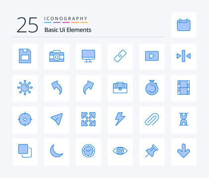 Basic Ui Elements 25 Blue Color icon pack including paly. metal. computer. pin. clip