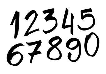 Numbers from 0 to 9 handwritten with marker pen. Vector Beautiful calligraphy. Handmade. Brush, irregular shapes. one, two, three, four, five, six, seven, eight, nine, zero. Font, type, scribble. 