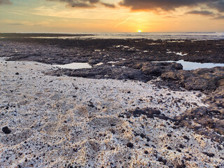 Sunset at El Hierro beach also konwn as popcorn beach, Fuerteventura, Spain